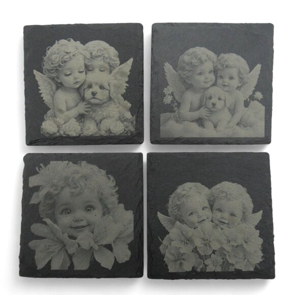 COASTERS CHERUB Angel Themed Personalizable Black Slate Set Of 4 Child and Puppy - Picture 1 of 7